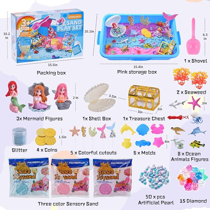 Volmop Sensory Bin for Girl, Play Sand Art Kit with Sandbox, 3.3lb Color Sand, Mermaid Tactile Sensory, Christmas Birthday Gift for Girl Toddler Ages 3-8