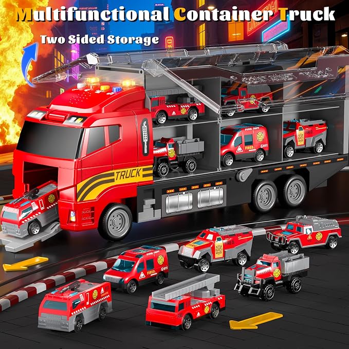 Toddler Toys for 3 4 5 6 Years Old Boys with Die-Cast Toy Cars & Play Mat | Fire Trucks for Toddlers 3-5 with Light and Sound,Friction Powered Truck fire Toy, Birthday & Christmas Gift for Boys & Girls