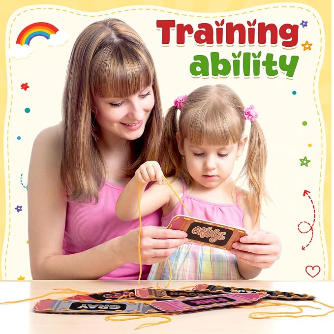 Funrous 10 Pieces Kids Recognition Lacing Cards,Color | Thick Cardboard Educational Sewing Cards, Double Sided Lacing Playing Games, For Preschool Developing Imagination Supplies