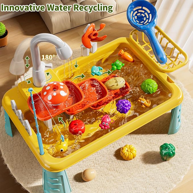 Kids Water Table Play Toy for Toddlers 4-8 Years Old | Kitchen Sink with Electrical Pump and Flowing Water, Fishing Games, Outside Sensory Gift Toys for Boys and Girls 3 4 5 6 7 8