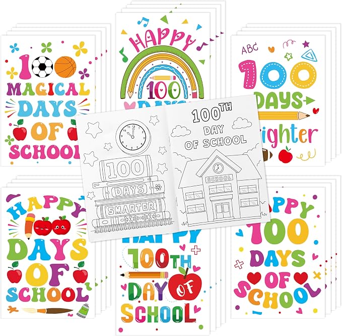 Dvbonike 24Pcs 100 Days of School Coloring Books - Happy 100th Day of School DIY Color-in Pages Cute Pencil Apple Patterns Drawing Booklet Classroom Rewards Art Activity Gifts Party Favors Supplies