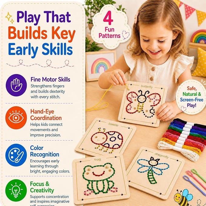 Montessori Wooden Lacing Toys for Toddlers and Kids Ages 2-4 5-7, Sewing Kit Fine Motor Skill Busy Board, Education Sensory Preschool Toy for 1 2 3 4 Year Olds, Birthday Gift for Boys and Girls
