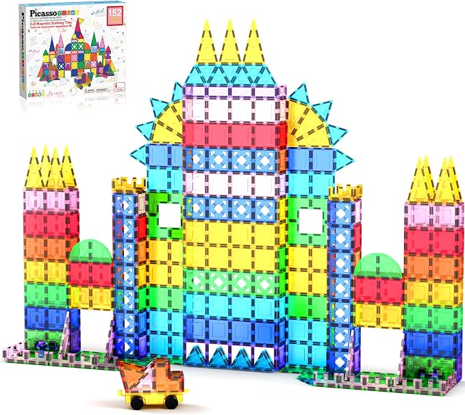 PicassoTiles 152 Piece Magnetic Tiles, Mirror Theme STEM Building Ages 3+ | Reflective finish pieces, connects from any angle, includes bonus car, compact storage case, screen-free sensory play