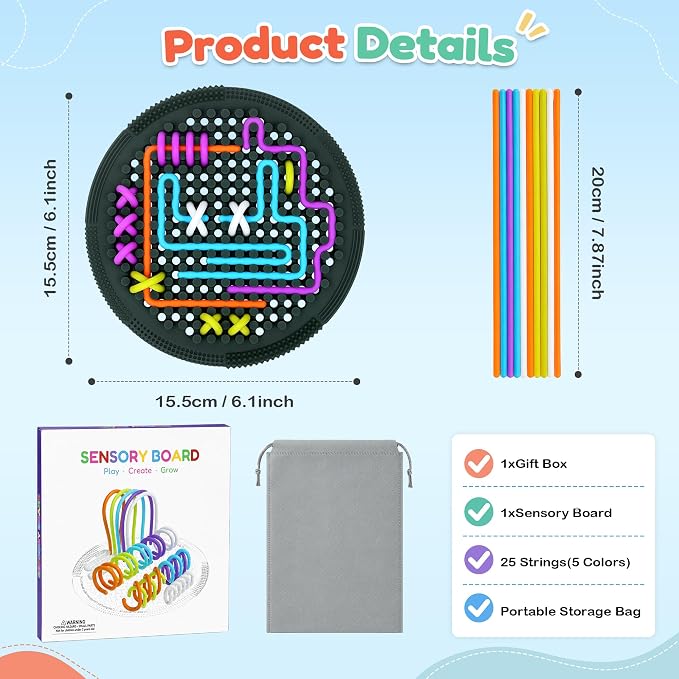 Sensory Activity Board, Silicone Fine Motor Skills Fidget Toys for Kids | Silicone Sensory Toys for Calming, Stress, Anxiety, ADHD & Autism Fidget Pads Includes Portable Travel Bag & 25 Strings