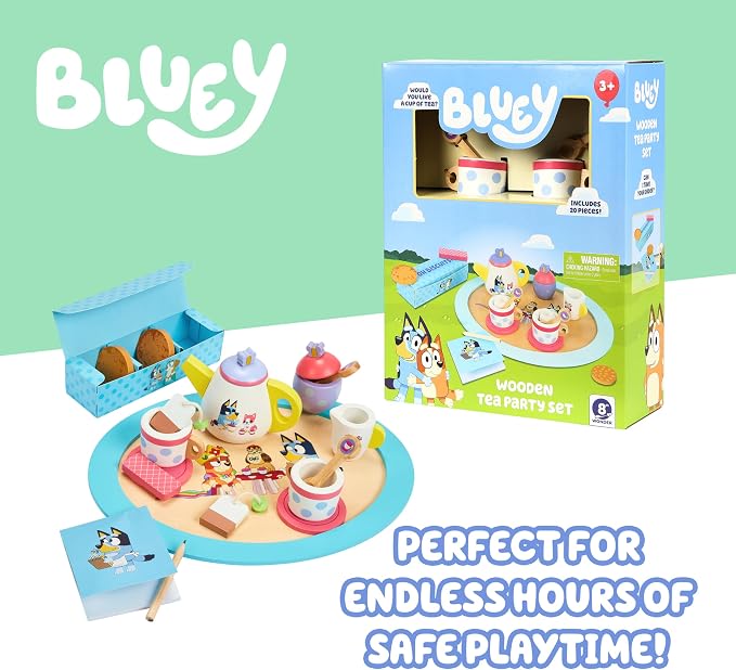 Bluey Wooden Tea Party Set, 18-Piece Toy Tea Set for Toddlers | Includes tray, teapot, cups & more for pretend play; durable wooden Bluey toy for kids ages 3+