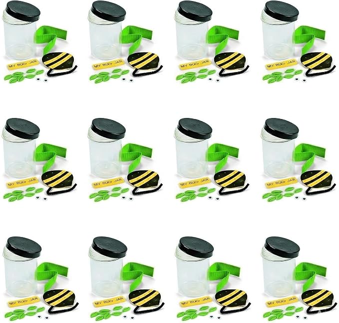Fun Express Bug Catcher Kit for Kids - Makes 12 Bug Jars with Craft Supplies | Bug House Container with Ventilated Lids for Lightning Bug Catching | VBS Crafts, Bug Party Favors & Nature Explorer Kit
