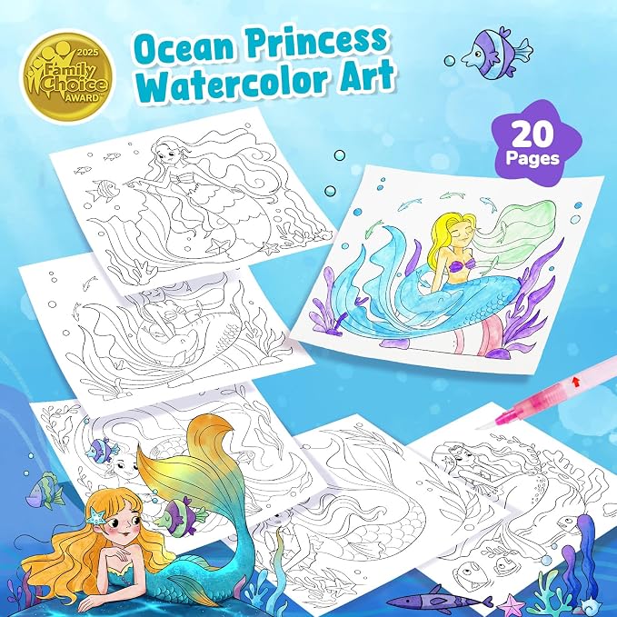 JoyCat Paint with Water Coloring Books for Toddlers (Ocean Princess) | Watercolor Painting Set for Kids Ages 3-5 & 4-8, Arts & Crafts Drawing Activity Travel Toy, Birthday Gifts for Boys & Girls
