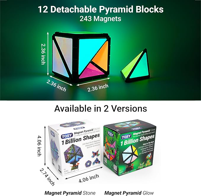 TOSY Magnet Pyramid Glow - 1 Cube Transforms into 1 Billion Shapes, 12 Pieces, 243 Rare Earth Magnets, Glowing, Holographic Design Magnet Tiles Creative Puzzle STEM/STEAM Toy