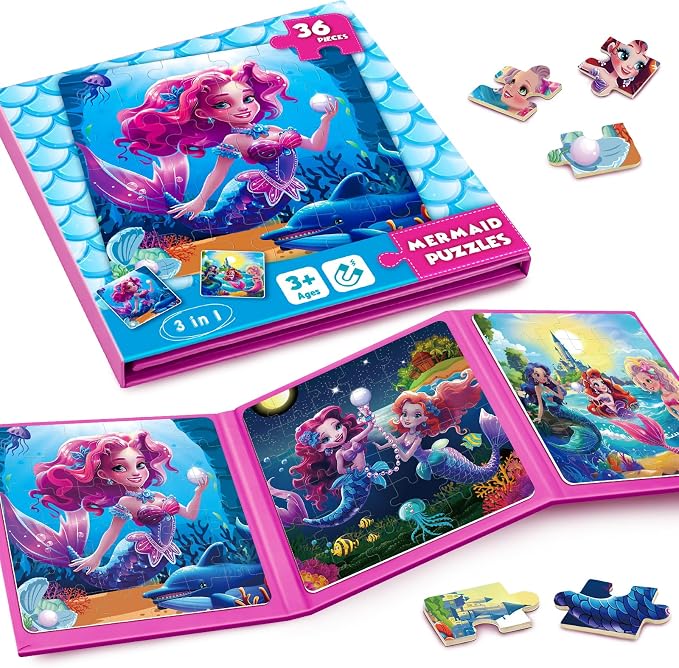 Homicozy Magnetic Puzzles for Toddler Kids 3-8, Mermaid Princess Travel Toy | 36-Pieces Magnetic Puzzles for Girls Ages 3-5 4-6, Car Airplane Road Trip Activities, Quiet Screen-Free Game, Birthday Gifts