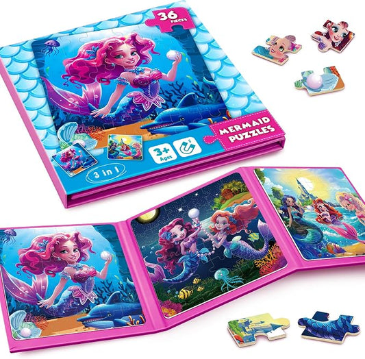Homicozy Magnetic Puzzles for Toddler Kids 3-8, Mermaid Princess Travel Toy | 36-Pieces Magnetic Puzzles for Girls Ages 3-5 4-6, Car Airplane Road Trip Activities, Quiet Screen-Free Game, Birthday Gifts