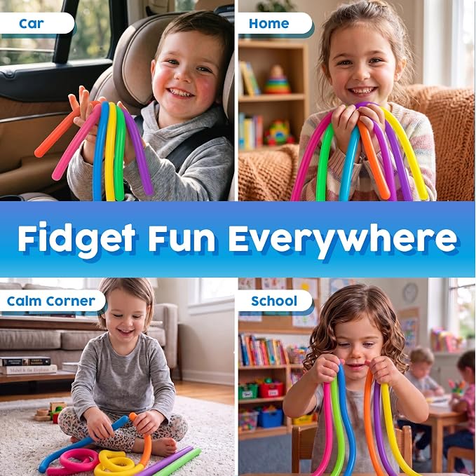 BUNMO Sensory Toys - Stretchy Noodle Strings - Stimulating & Addictive Fidget Toys for Kids - Hours of Fun for Kids - Worry Noodles - Smooth 6 Pack