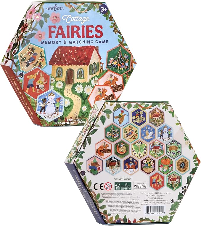 eeBoo: Memory & Matching Game - Cottage Fairies - 20 Hexagon-Shaped Matching Pairs, Nature Themed Concentration Tile Game, Kids Ages 3+, 1-4 Players