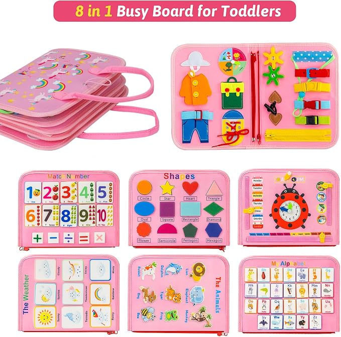 AIXMEET Toddler Busy Board Montessori Toys, Sensory Board Busy Book | toys for Toddlers 3456 Year Old , Preschool Learning Activities with Life, Shape,Color,Animal,Weather,8 Pages (Pink)