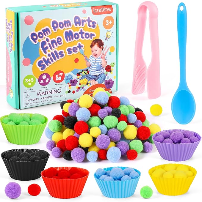 158 PCS Fine Motor Skills Set | 150 Pom Poms, 6 Sorting Bowls, Tweezers, Spoon, Sensory Bin Filler for Preschool Kids Counting, Sorting, Matching Training Ac