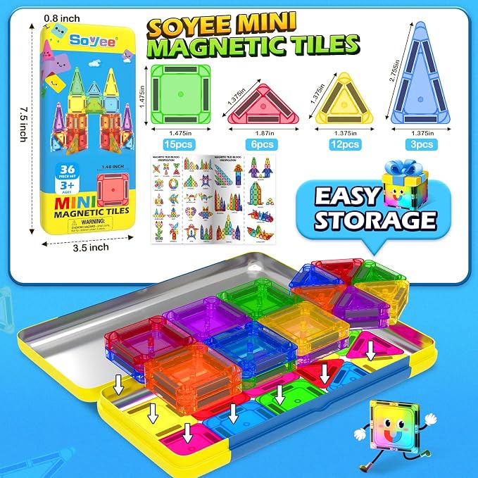 Mini Magnetic Tiles Travel Set STEM Educational Toys for Boys & Girls 3-8 | Outdoor Building Toys Preschool Classroom Must Have Portable Games with Iron Box for Car Airplane Kids Aged 3+ Birthday Gifts
