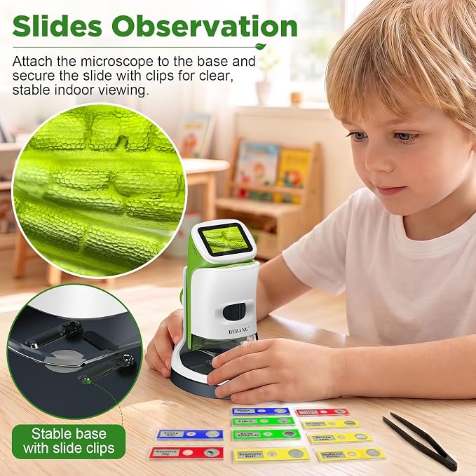 Kids Handheld Digital Microscope with Screen: STEM Science Kit Gift Toys | Rechargable | Bug Viewer | Slides Kit | Photo & Video | 4K Screen | Indoor & Outdoor Exploration for Boys Girls Ages 6-12