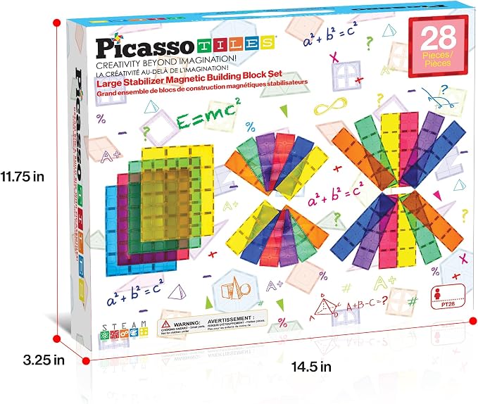 PicassoTiles 28 Piece Large Magnetic Tiles, Stabilizer STEM Set for Kids 3+ | Doubles as foundation, column, pillar support, extra strong magnets, vivid clear colors, safe creative preschool play time