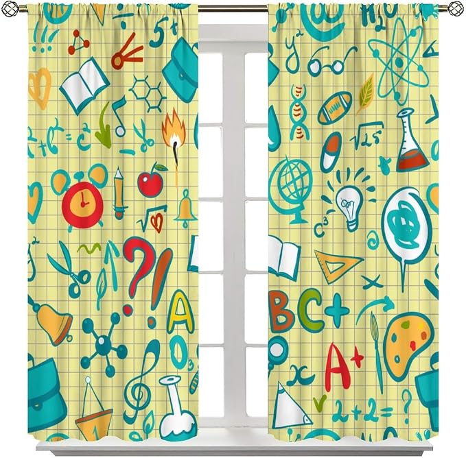 Science Physics Curtains, Abstract Math Chemistry Curtain Scientist Graffiti Print Window Treatments for Kids Teens Bedroom Living Room Set 2 Panels,63x63 Inches