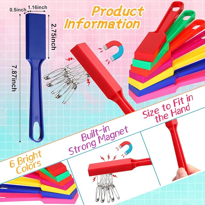 Honoson Magnet Wands for Kids Classroom Educational Learning Kits Rainbow Magnetic Wand Bulk 8 Inch Preschool Science Experiment Tools Learning Toys Bingo Games, 6 Colors (12 Pcs)