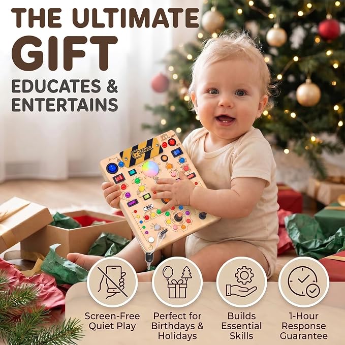 RichBoy Busy Boards, Lights Switch-Style, Wooden, 59-in-1, Large | Toddlers Birthday Gifts, Montessori Toys, Autism Sensory, Fine Motor Skills, Educational Learning, Travel Essentials