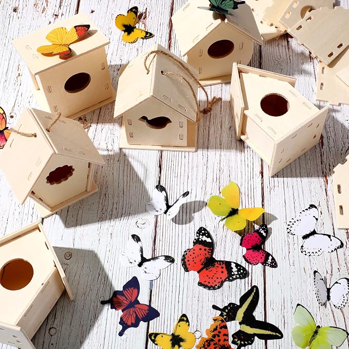 Sawysine 107 DIY Birdhouse Kits, Wooden Bird House Multiple Entrance | 48 Wooden Bird House Kits in 6 Shapes and 57 Butterfly Sticker for Children Fall Craft Activity Art DIY Project