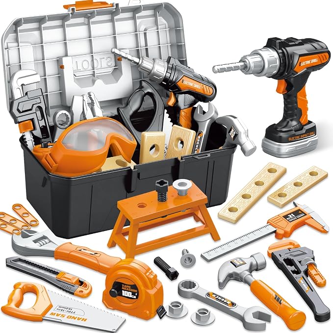 Kids Tool Set, Toddler Tool Box, Toy Drill, Construction Toys for Ages 3-5 | 46 Pcs Kids Toy Tools Kits for Toddlers Pretend Role Play, Christmas Birthday Gifts for Boys Girls Ages 3 4 5 6 7 8, Orange