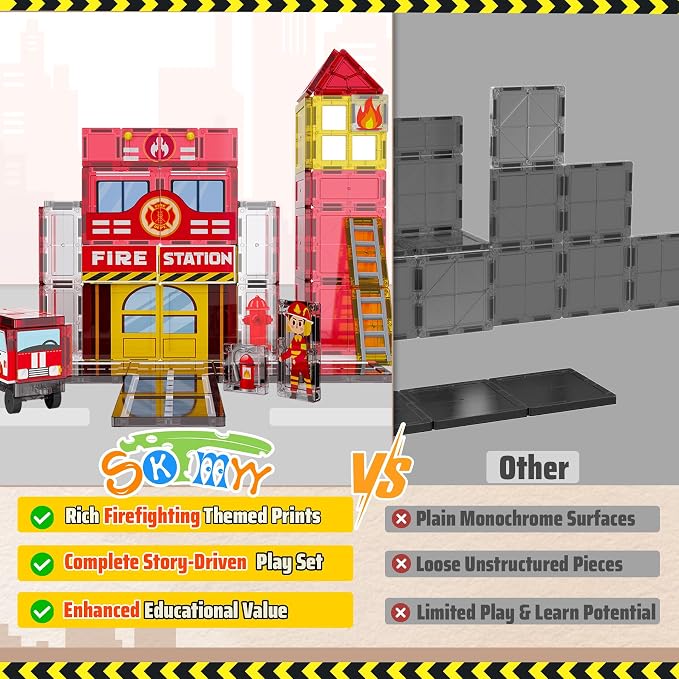 SKTMYY Fire Station Magnetic Tiles Building Toys for Kids Ages 4-8 | Fire Truck, Firemen, Firefighter, Road Magnet Tiles, STEM Magnetic Blocks, 3+ Year Old Boys Gifts, Montessori Preschool
