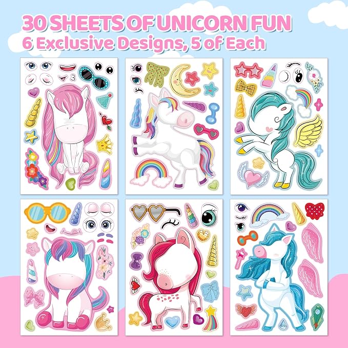 Aowplc 30 Sheets Make a Unicorn Stickers for Kids Party Favors, Birthday Decorations & Craft Activities