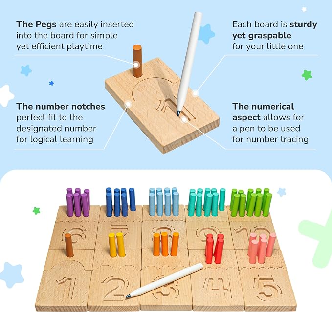 Peg Board for Toddlers - Wooden Counting Peg Board and Number Tracing Set, Montessori Math Toy for Preschoolers and Kindergarten (55 Pegs, 10 Boards, 1 Pencil)