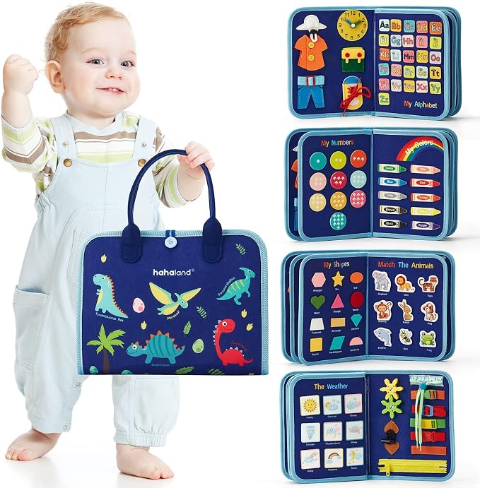 hahaland Montessori Busy Board for Toddlers, Preschool Learning Activities | Life Skills, Alphabet, Number, Shape, Color, Animal, Weather, Toddler Boy Learning Educational Busy Book Airplane Travel Toy