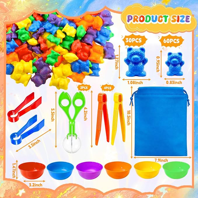 Bbiamsleep Rainbow Counting Bears, 105 Pcs Sorting Bears with Matching Cups | Color Sorting Bear Counters Fine Motor Skills Sensory Bin Tools Light Table Manipulatives for Sorting Counting Training