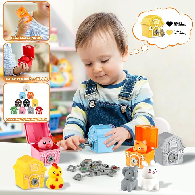 Grarain Toddler Farm Animals Toys, Upgraded Keys Barn Match Game, Montessori Educational Color Shape Sorting & Counting Learning Toy for Kids Boys Girls 3-6 Year Old, Fine Motor Gifts