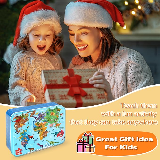 LELEMON Puzzles for Kids Ages 4-6,Dinosaur Map 100 Piece Puzzles for Kids Ages 6-8 in a Metal Box,Educational Jigsaw Puzzles,Childrens 100 Piece Puzzle Games Puzzle Toys for Girls and Boys