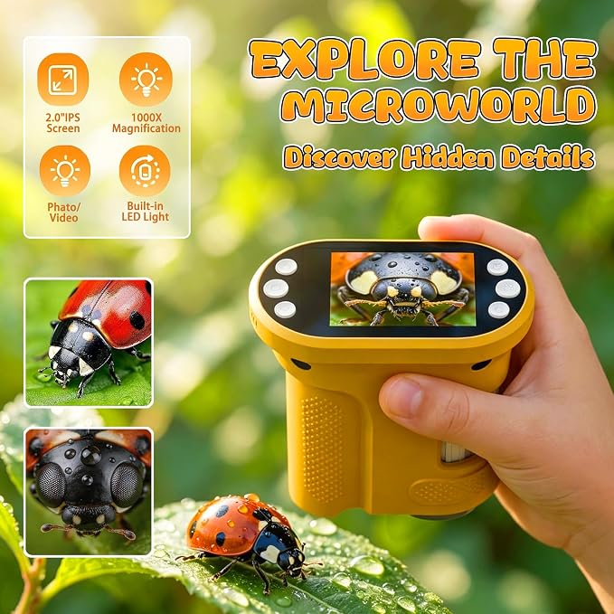 Kids Digital Microscope, 1000X Handheld Pocket Microscope STEM Science Toy | 2.0" IPS Screen, 8 LED Lights, Photo & Video Capture, Rechargeable Design, Educational STEM Gift for Kids Ages 3-12