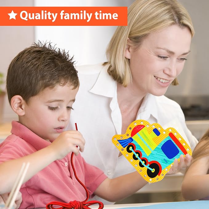 KRAFUN Transport Vehicle Lacing Cards Age 3+ | 5 Projects | 5 vehicle cards: Car, Rocket, Train, Plane & Ship. Builds fine motor skills for toddlers. Beginner activity ages 3+