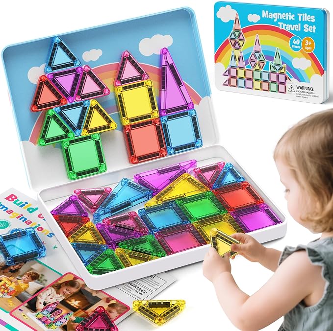Travel Magnetic Tiles Set Kids: 40pcs Blocks Iron Box Carry,45s Storage | 30+ Mins Screen-Free Quiet Play, Strong Magnets Hold 6 Tiles, for Planes/Car/Restaurant, Ages 4-8