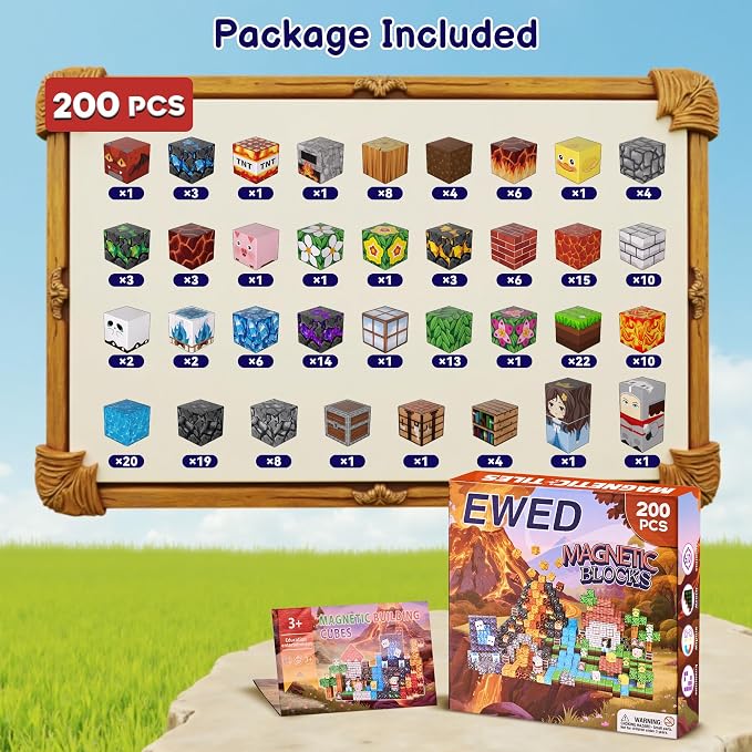 200PCS Magnetic Blocks, Magnetic Building Blocks Cubes Tiles for Kid | STEM Educational Stacking Magnets School Game Toys for Ages 3 4 5 6 7 8 9 10 11 Birthday Party Supplies Gift for Boy and Girl