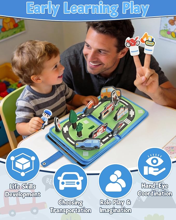 Vehicles Educational Book for Toddlers 1–3, Montessori Quiet Activity & Learning Book with Cars, Trucks & Firefighters, Educational Toy for Early Learning, Travel Toy for Car & Airplane Trips