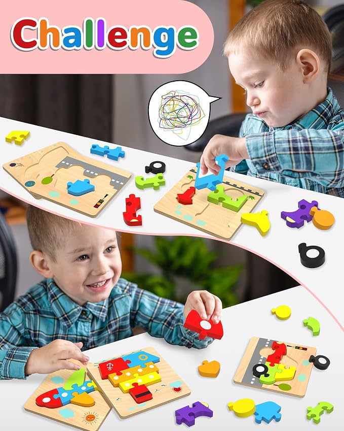Wooden Toddler Puzzles Gifts Montessori Toys for 1 2 3 Years Old Boys Girls | 6 Vehicle Shape Puzzles, Boy Birthday Gift, Montessori Toys Educational Blocks for Toddlers 1-3, 2-4, Baby Learning Toys
