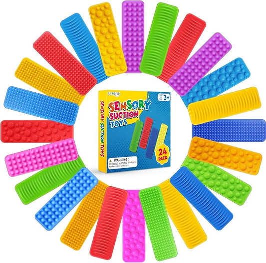 Sensory Fidget Toys Kids Adults: 24 Pack Textured Suction Toys for Autism | Sensory Stickers for Stress Relief - Fidget Strip for Classroom Office - Special Education Classroom Prizes Must Haves