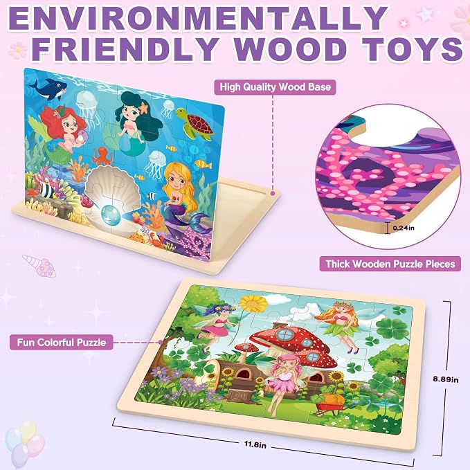 4-Pack Wooden Puzzles for Kids Ages 3-5, 24-Piece Princess Jigsaw Set | Toddler Puzzles Ages 3-5, Preschool Puzzles with Wooden Jigsaw Boards for Fine Motor Skills, Shape Recognition and Travel