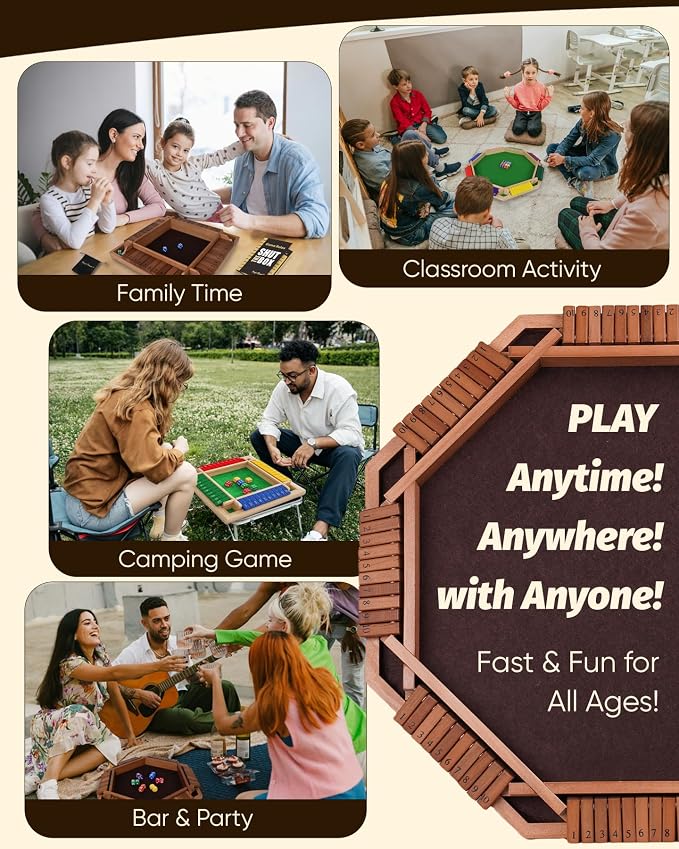 12" Upgraded Shut The Box Game Wooden Math Dice Board Game 2-4 Players | Table Games for Family Night Classroom Travel, Gifts for Group Kid Adult Senior, Camp Party Bar, Easy Quick and Fun