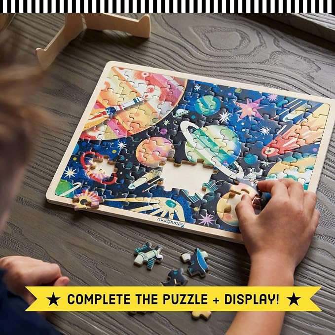 Mudpuppy Space Mission 100 Piece Wooden Puzzle for Kids, Ages 5+ | Outerspace Theme, Bright and Bold Illustrations, Sturdy Pieces, Display Stand Included, Room Décor