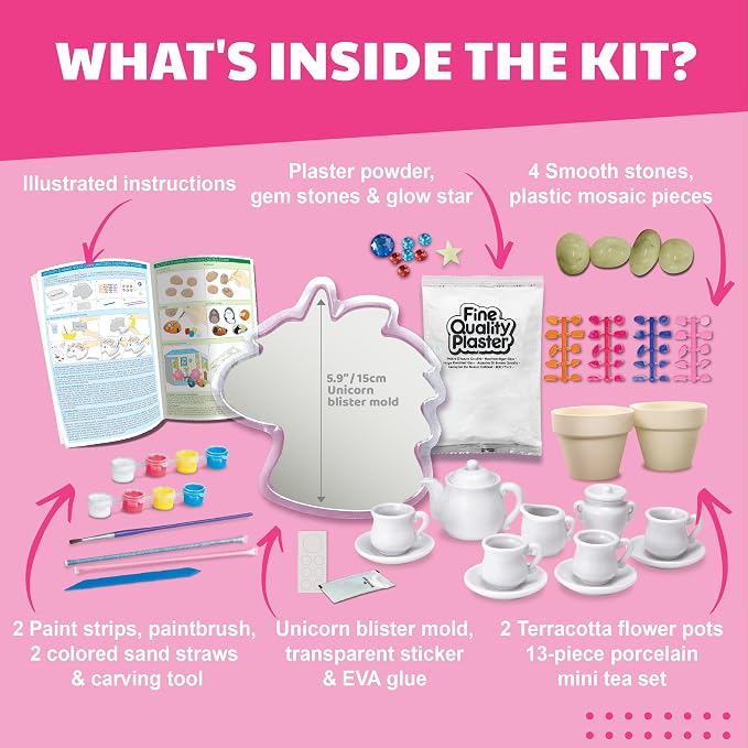 4M Magical Garden Kit for Kids Ages 8-12 – 4-in-1 Craft Set: Paint Flower Pots, Unicorn Stepping Stone with Glow Star, Mosaics & Gemstones, Mini Porcelain Tea Set, Garden Stones, Creative Art Gift