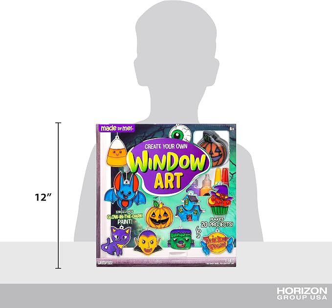 Made By Me Create Your Own Halloween Window Art by Horizon Group USA, Make 20 Projects, Includes Suncatcher Frames & Window Clings, Glow-in-The-Dark Paint, Paint Tubes, Suction Cups & Cording,Multi