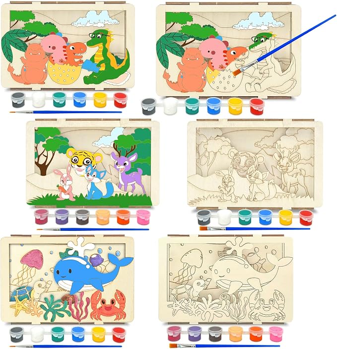Vileafy Animals Painting Crafts for Kids Ages 3-5, 3 Arts and Crafts Kit | 3 Pack Kids Craft Supplies Include Ocean Animals, Jungle Animals, Dinosaurs with Brushes & Paints for Summer Activity & Party