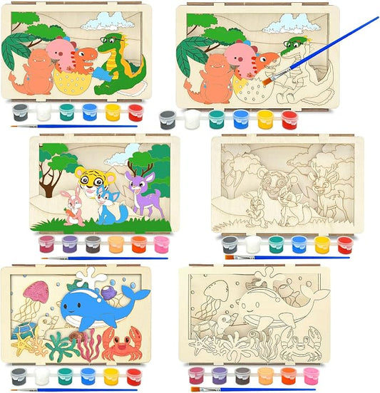Vileafy Animals Painting Crafts for Kids Ages 3-5, 3 Arts and Crafts Kit | 3 Pack Kids Craft Supplies Include Ocean Animals, Jungle Animals, Dinosaurs with Brushes & Paints for Summer Activity & Party