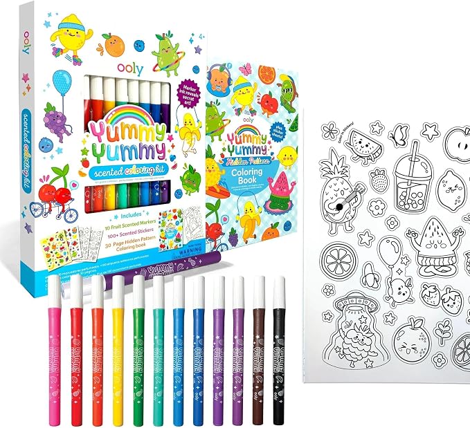 Ooly Yummy Yummy Scented Coloring Kit for Kids, 10 Markers, 30-Page Book | Ages 4+, 10 Fruit-Scented Markers, 100+ Scented Stickers, 30-Page Hidden Pattern Coloring Book, Mess-Free Travel Activity
