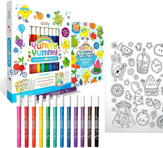Ooly Yummy Yummy Scented Coloring Kit for Kids, 10 Markers, 30-Page Book | Ages 4+, 10 Fruit-Scented Markers, 100+ Scented Stickers, 30-Page Hidden Pattern Coloring Book, Mess-Free Travel Activity