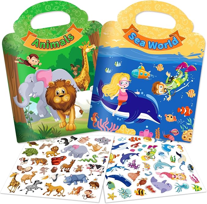 2 Sets Reusable Sticker Books for Toddler 1-3, Activity Books for Toddlers 2-4, Arts Crafts Jelly Stickers Travel Toys for Kids 3-5, Holiday and Birthday Gifts Easter Basket Stuffers for Boys Girls